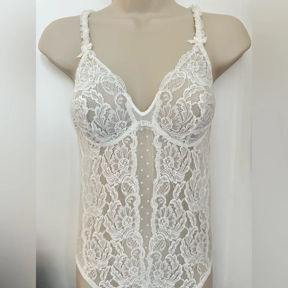 LA Perla Vintage Sheer Lace Plunge Bodysuit in Ivory